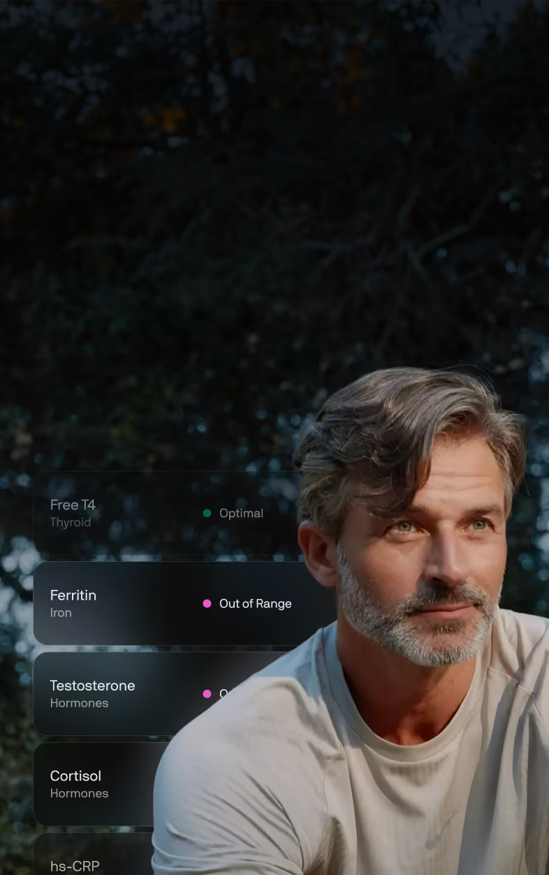 A man resting outdoors at dusk, with his biomarker results overlaid