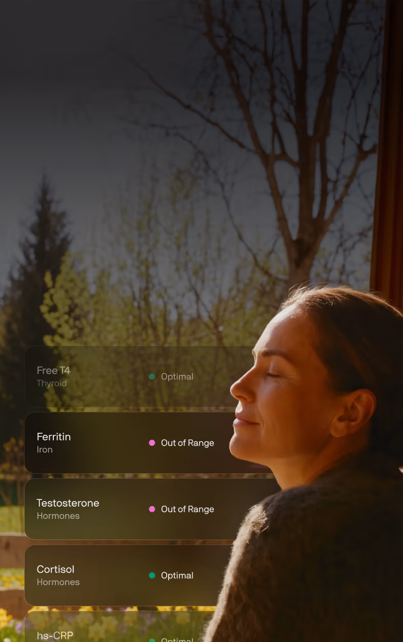 A woman resting by a sunlit window, with her biomarker results overlaid