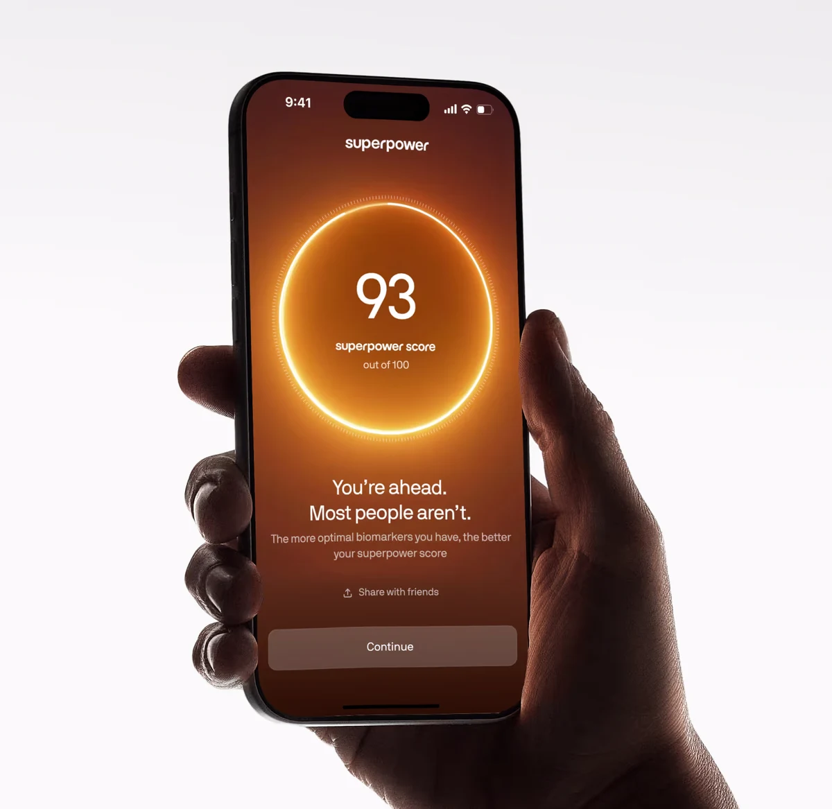 The Superpower app showing a personal health score of 93 out of 100