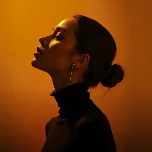 Woman in a black turtleneck seen in profile, chin lifted, lit against a warm amber backdrop